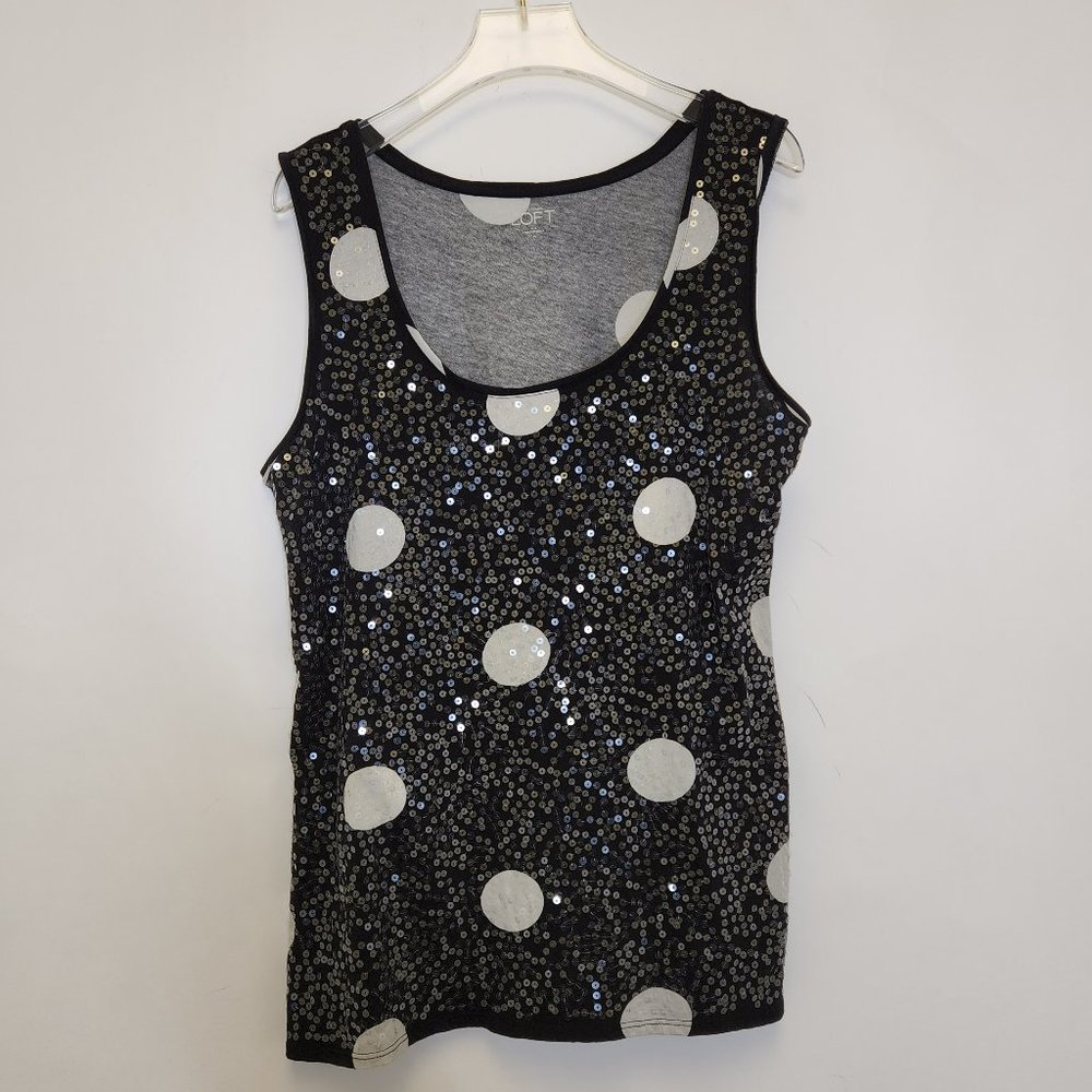 Loft Polka Dot Top Medium Black White Sleeveless Scoop Neck Sequins
